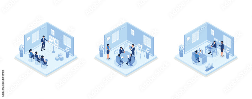 Business people illustration set. Characters working at office. People talking with colleagues and customers, planning financial strategy and interviewing job candidates, set isometric vector illustra Business people illustration set. Characters working at office. People talking with colleagues and customers, planning financial strategy and interviewing job candidates, set isometric vector illustra