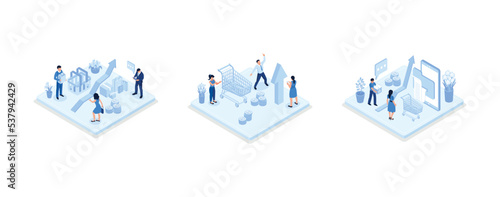 Inflation illustration set , Characters buying food in supermarket and worries about groceries rising price. Consumer price index growth and financial crisis concept, set isometric vector illustration