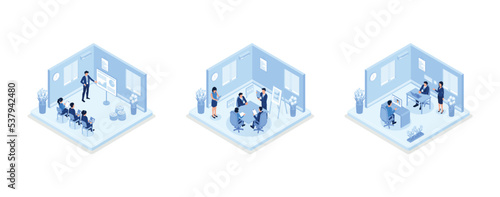 Business people illustration set. Characters working at office. People talking with colleagues and customers, planning financial strategy and interviewing job candidates, set isometric vector illustra