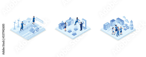 Colorful Smart Farm on a digital device with wooden barn, wind turbines, photovoltaic solar panels, and drone, Green Industrial Factory with Renewable Energy. Wind Electricity Generators and Solar Pan