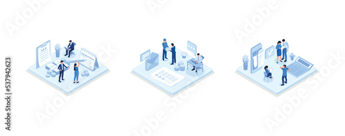 Characters choosing best candidate for job. Hr managers searching new employee. Recruitment process. Human resource management and hiring concept, set isometric vector illustration