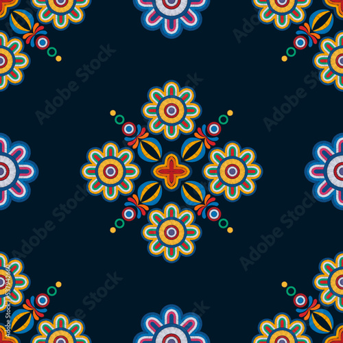 Ikat ethnic seamless pattern decoration design. Aztec fabric carpet boho mandalas textile decor wallpaper. Tribal native motif ornaments traditional embroidery vector background 