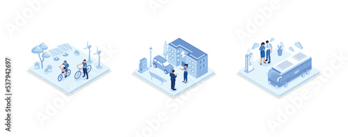 Sustainable transportation illustration set. Private electric vehicle near charging station, e-bike and public transport in modern city. Eco friendly vehicle concept, set isometric vector illustration