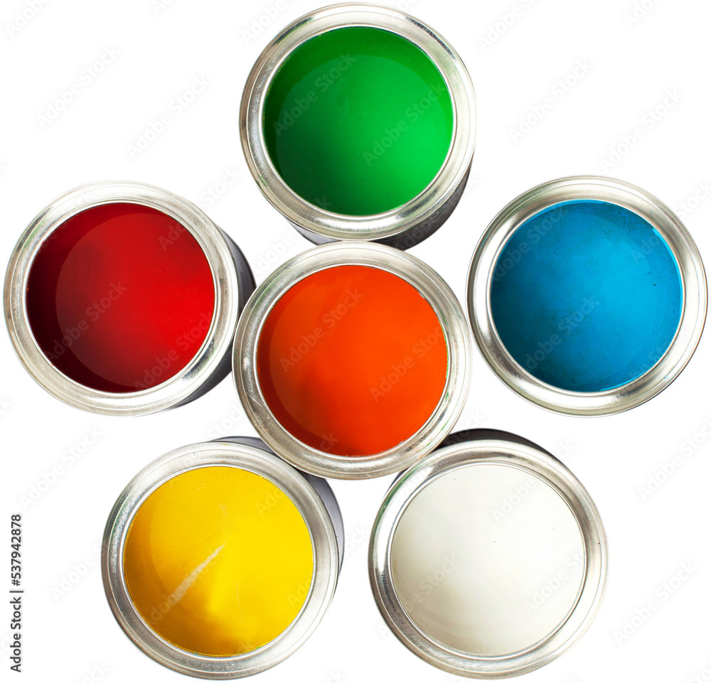 Multicolored Paint Cans on White Multicolored Paint Cans on White
