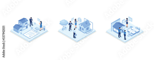 Mortgage process illustration set. People buying property with mortgage. Characters getting bank approval, reading contact and legal documents and receiving house keys, set isometric vector illustrati
