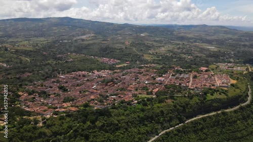 aerial view of tourist municipality of Colombia, municipality of Santander with clay roofs