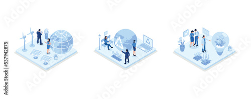 Sustainability illustration set. ESG, green energy, sustainable industry with windmills and solar energy panels. Environmental, Social, and Corporate Governance concept, set isometric vector illustrat