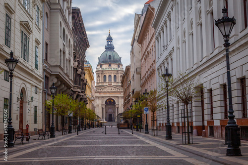 Zrinyi utca street and Saint Stephens Basilica in central Budapest  Hungary