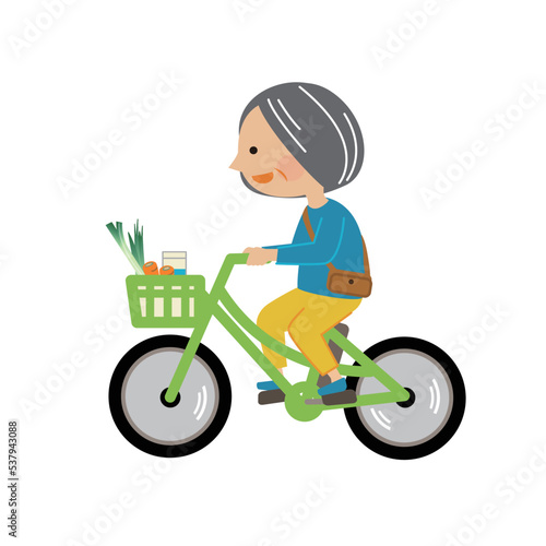 買い物　自転車に乗る高齢者のイラスト素材