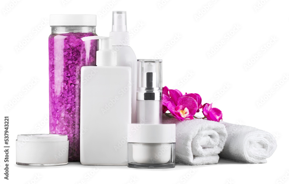 Set of cosmetic products in white containers isolated Set of cosmetic products in white containers isolated