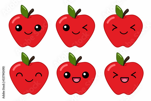 Vector illustration of cute red apple cartoon character isolated on white background. Fruit cartoon set with kawaii smiling emoji.