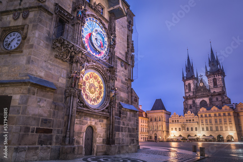 Astronomical clock in Prague old town square at dawn, Czech Republic
