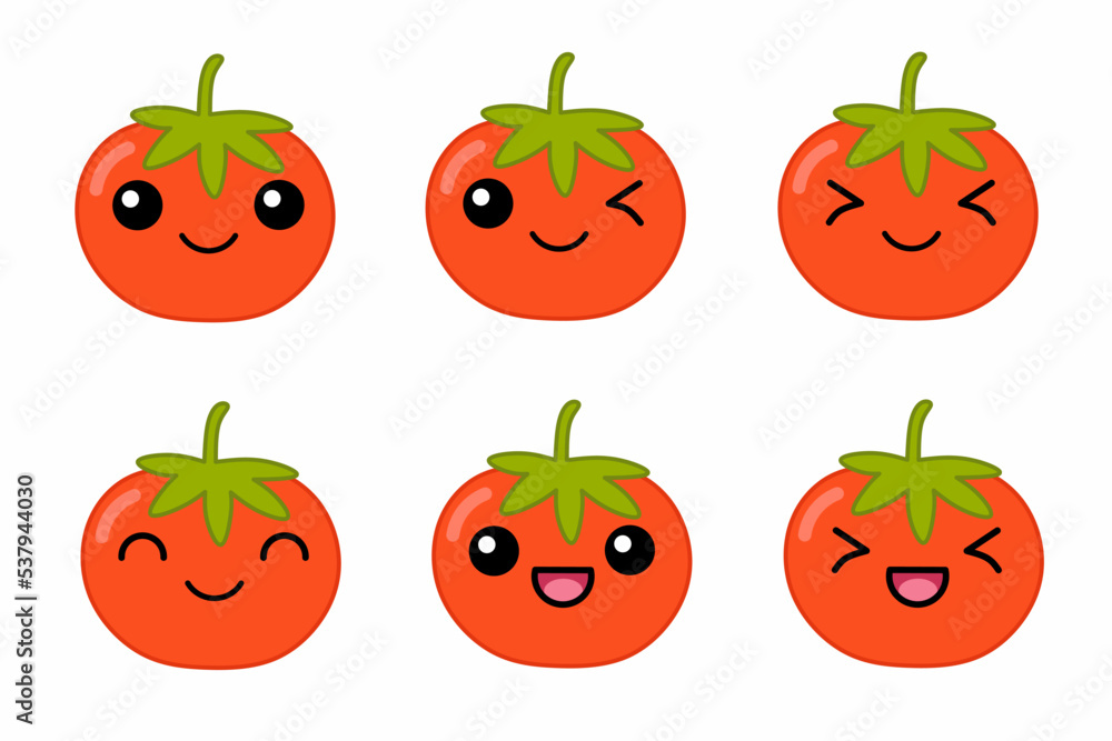 Vector illustration of cute tomato cartoon character isolated on white background. Fruit cartoon set with kawaii smiling emoji. Vector illustration of cute tomato cartoon character isolated on white background. Fruit cartoon set with kawaii smiling emoji.