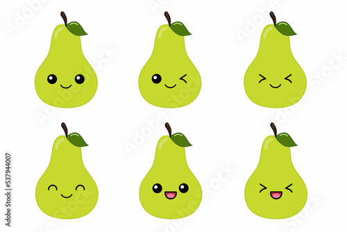 Vector illustration of cute pear cartoon character isolated on white background. Fruit cartoon set with kawaii smiling emoji.