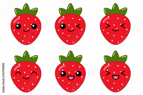 Vector illustration of cute strawberry cartoon character isolated on white background. Fruit cartoon set with kawaii smiling emoji.