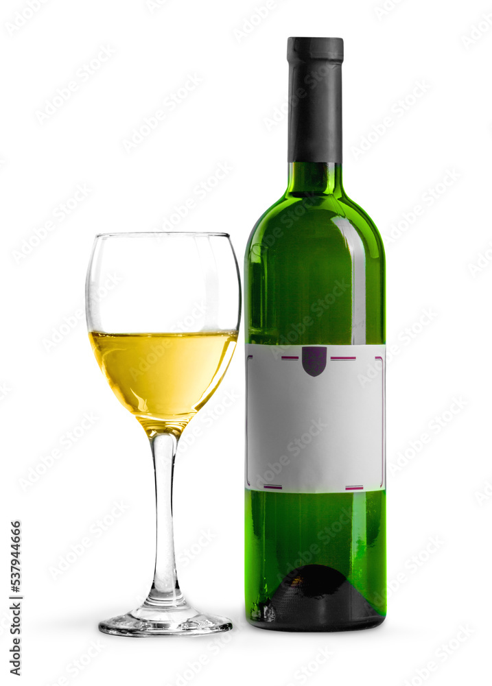 White wine bottle and glass on white background White wine bottle and glass on white background
