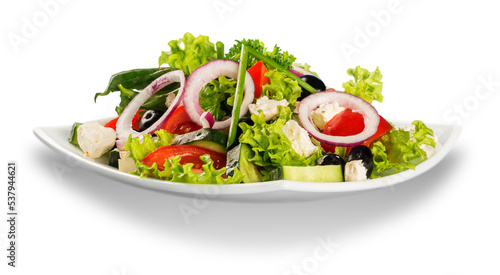 Fresh tasty vegetable salad in bowl on white background