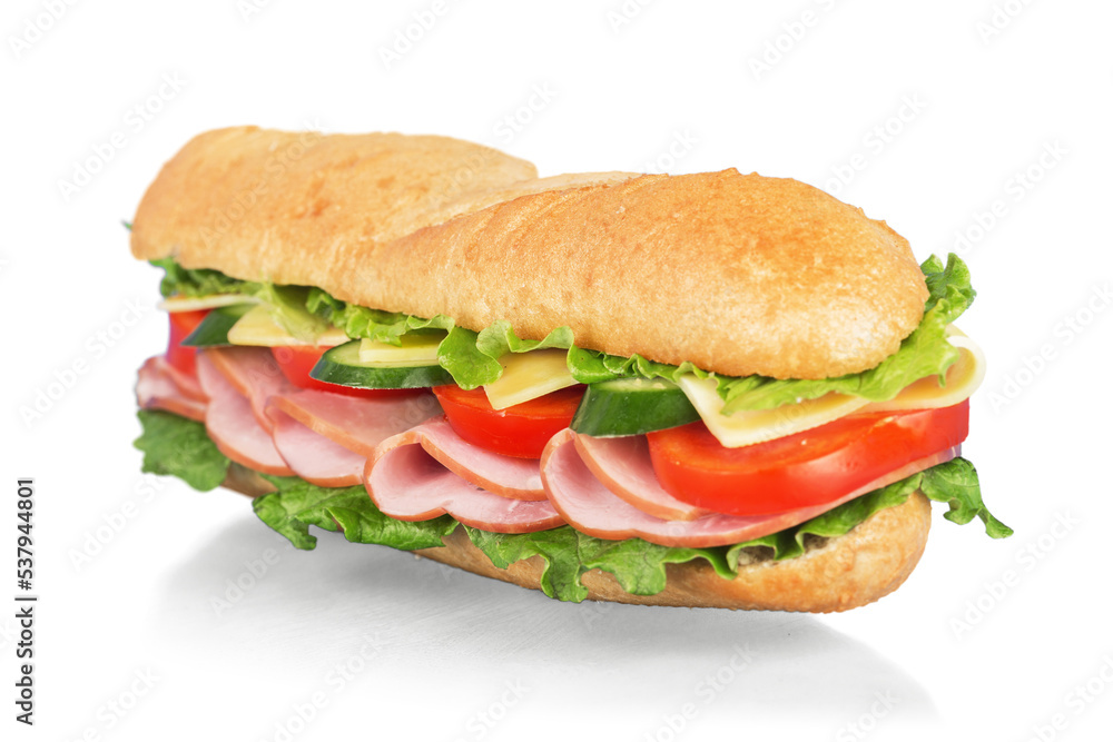 Long baguette sandwich with lettuce, vegetables, ham, and cheese on white background Long baguette sandwich with lettuce, vegetables, ham, and cheese on white background