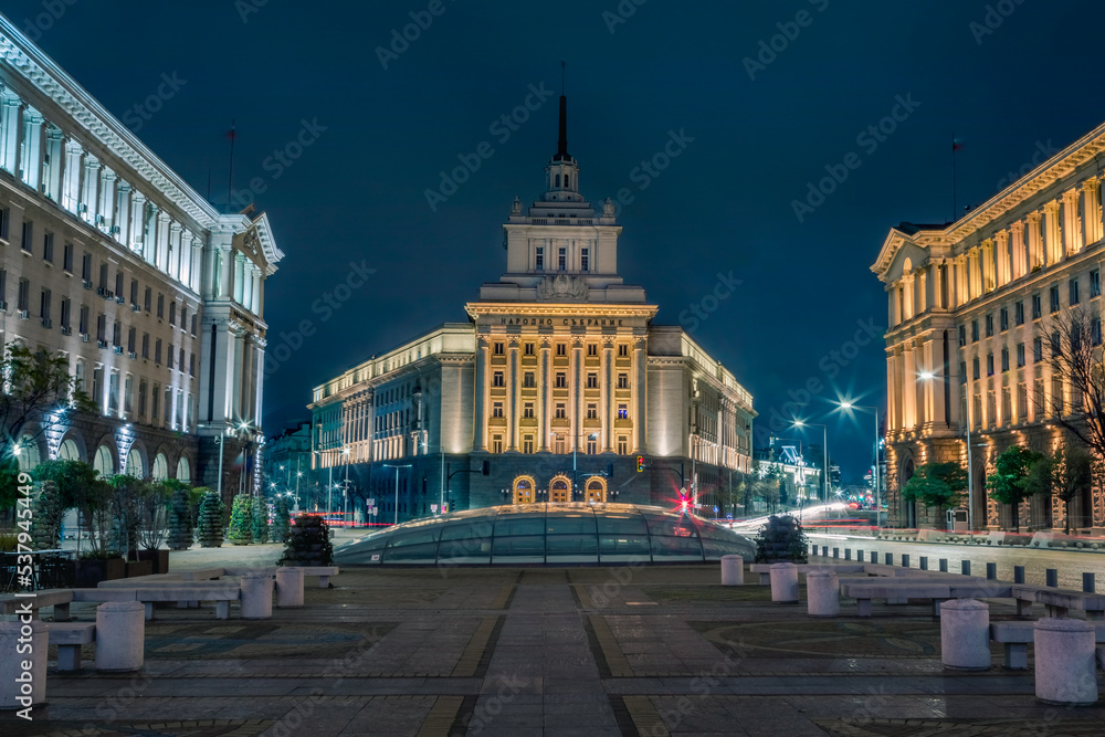 Largo ensemble, National Assembly and city lights at night, Sofia, Bulgaria Largo ensemble, National Assembly and city lights at night, Sofia, Bulgaria
