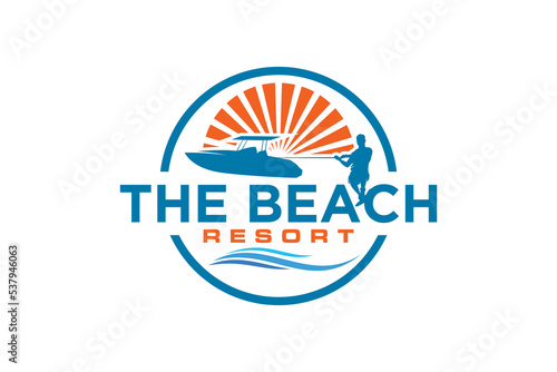 Waterskiing boat logo design beach vacation water sport action icon symbol illustration resort