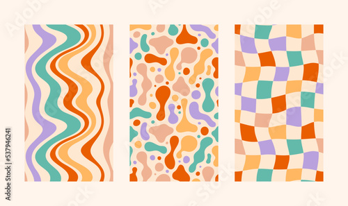 Groovy Hippie 70s Backgrounds Set. Vector Psychedelic Wallpapers: Wavy Stripes, Lava Lamp Fluid Shapes, Checkerboards