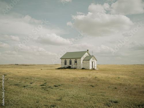 A small abandon church on the prairies.