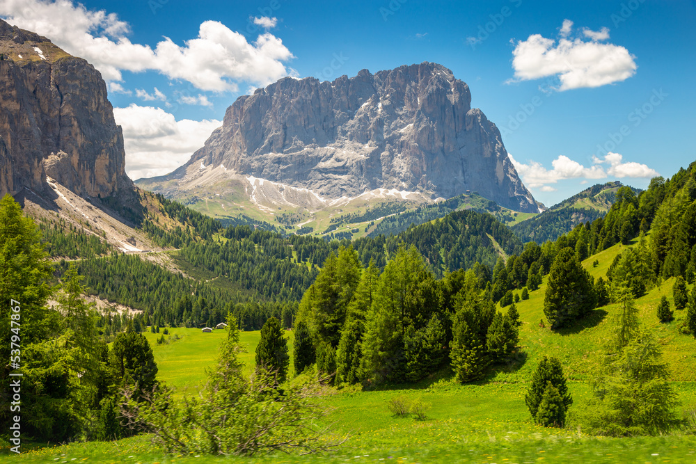 Langkofel and Gardena pass, Dolomites alpine landscape in Northern Italy