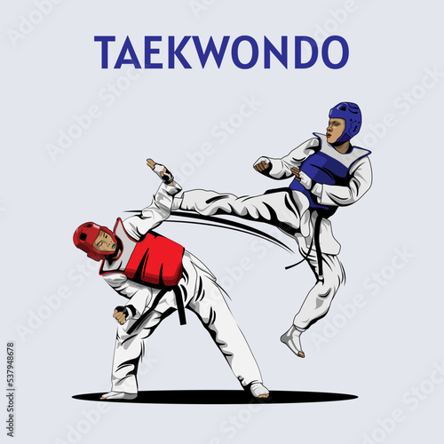 Two Boys Fighting in Taekwondo Competition Illustration Vector.