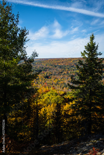 Bird's eye view lookout over fall color trees and golf course in Bancroft, Ontario, Canada