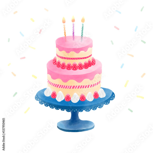 수채화 느낌의 생일 축하 딸기케이크 일러스트
