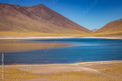 Laguna Miniques, salt lake in Atacama desert, volcanic landscape, Chile