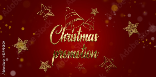golden christmas promotion with red background with bells and stars