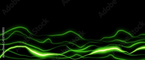 Abstract dark background stage, copy space, colorful neon green lights, bright reflections. Design concept for illustrations, decoration, wallpaper, backdrop, cinema scene or presentation.