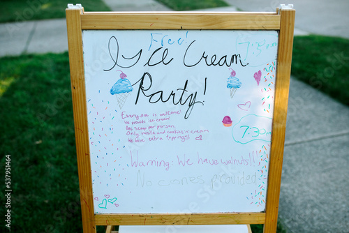 Handwritten sign made by kids for ice cream party photo