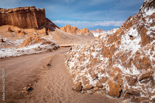 Dirt salt road in Atacama desert, moon valley arid landscape in Chile