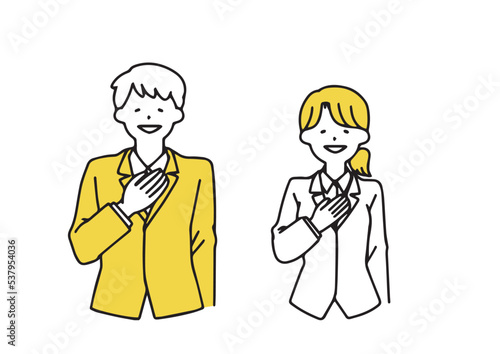 お任せください、と胸に手を置くビジネスマンの男女