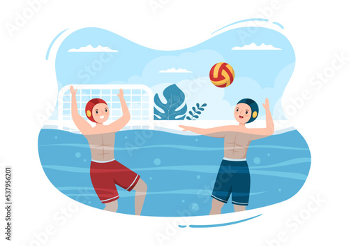 Water Polo Sport Player Playing to Throw the Ball on the Opponent's Goal in the Swimming Pool in Flat Cartoon Hand Drawn Templates Illustration