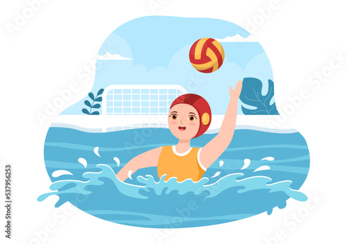 Water Polo Sport Player Playing to Throw the Ball on the Opponent's Goal in the Swimming Pool in Flat Cartoon Hand Drawn Templates Illustration