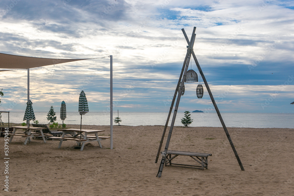 Beautiful beach and sea view in the morning with light blue sky and white cloud at the Rayong province Thailand Beautiful beach and sea view in the morning with light blue sky and white cloud at the Rayong province Thailand