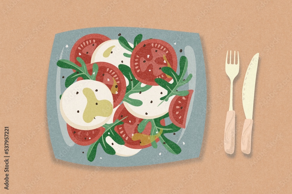 Mozzarella, tomato and rocket salad illustration Mozzarella, tomato and rocket salad illustration