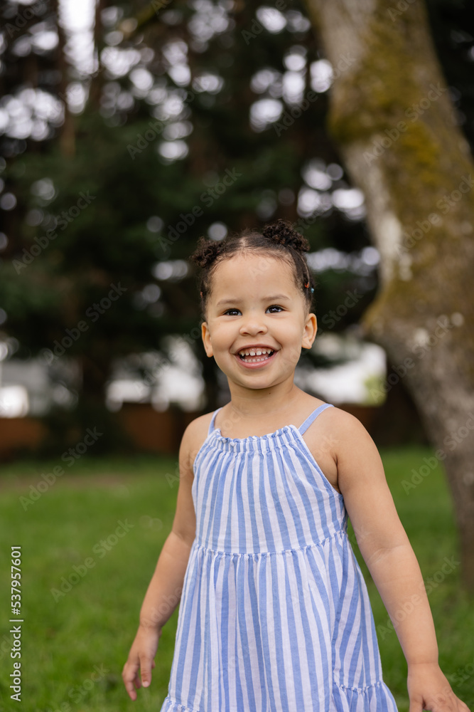Smiling toddler girl in dress outside at the park. Smiling toddler girl in dress outside at the park.