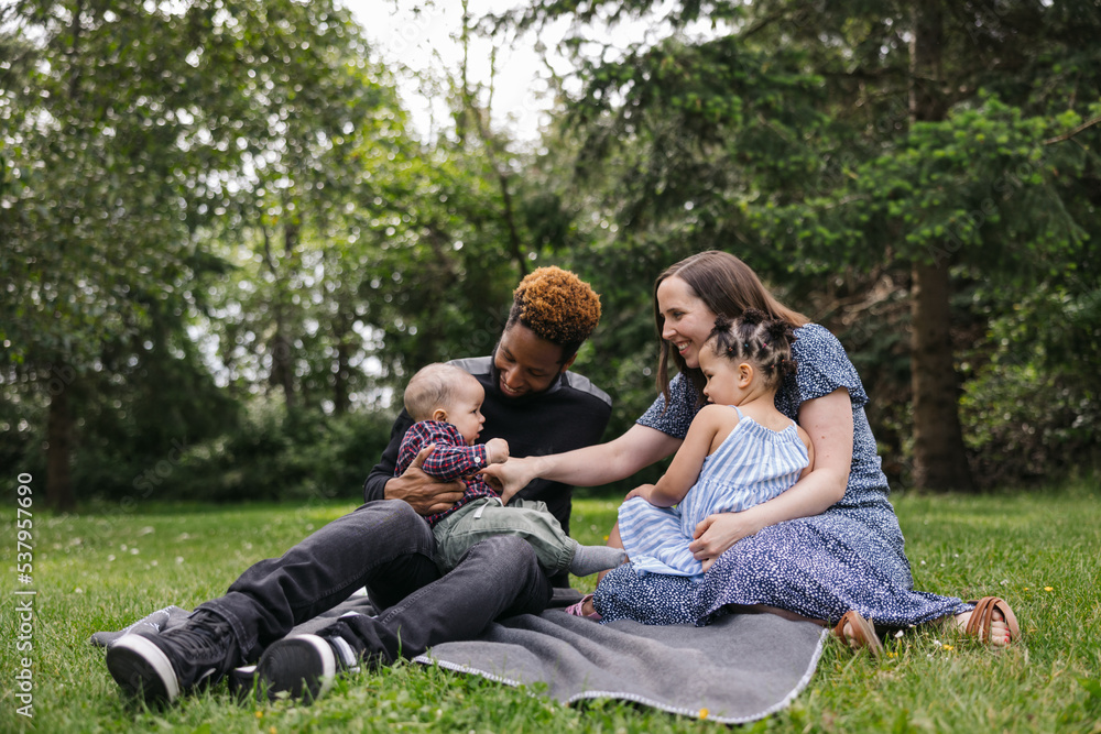 Young family on blanket together in the park. Young family on blanket together in the park.