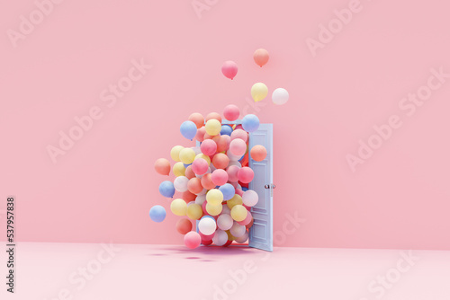 3D render of colorful balloons floating through blue door 