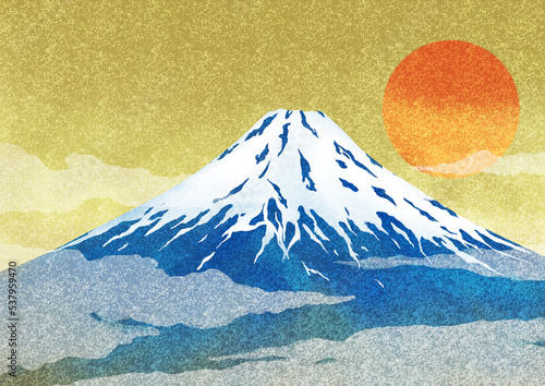 富士山と日の出の和風背景イラスト