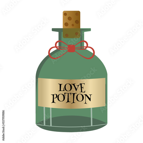 Bottle of love potion with label and ribbon bow
