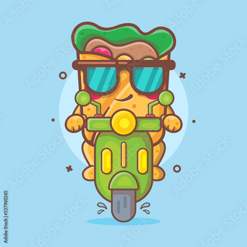 cool burrito food character mascot riding scooter motorcycle isolated cartoon in flat style design