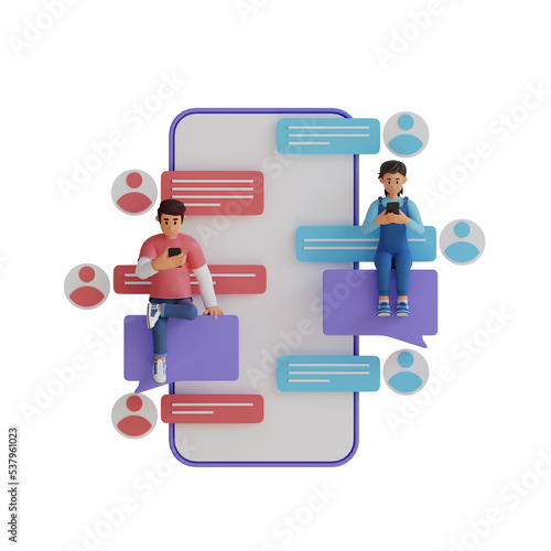 man and woman send a message via mobile, 3d character illustration
