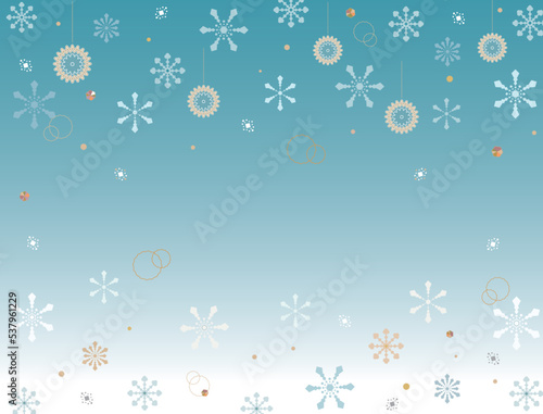 オーナメントと雪の結晶のクリスマス背景素材・ブルー背景