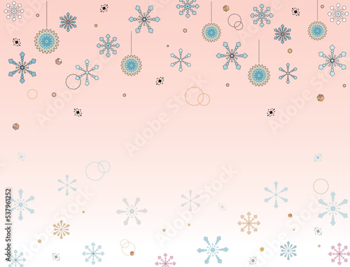 オーナメントと雪の結晶のクリスマス背景素材・ピンク背景