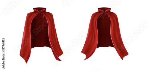 3d realistic vector icon illustration. Set of red capes.  Flowing, wavy fabric for carnival, vampire, witches or illusionists.